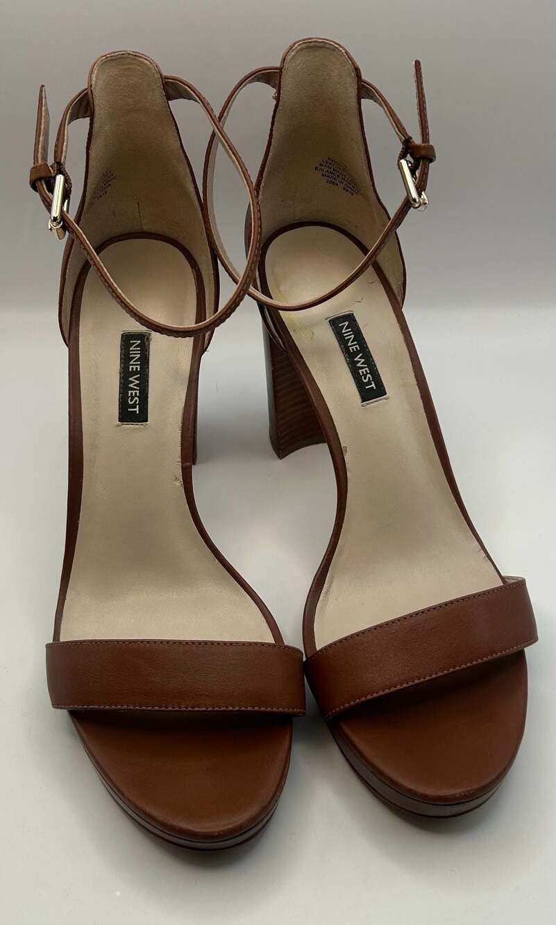 Nine West Dempsey Brown Leather Platform Block Heel Sandals Size 11M